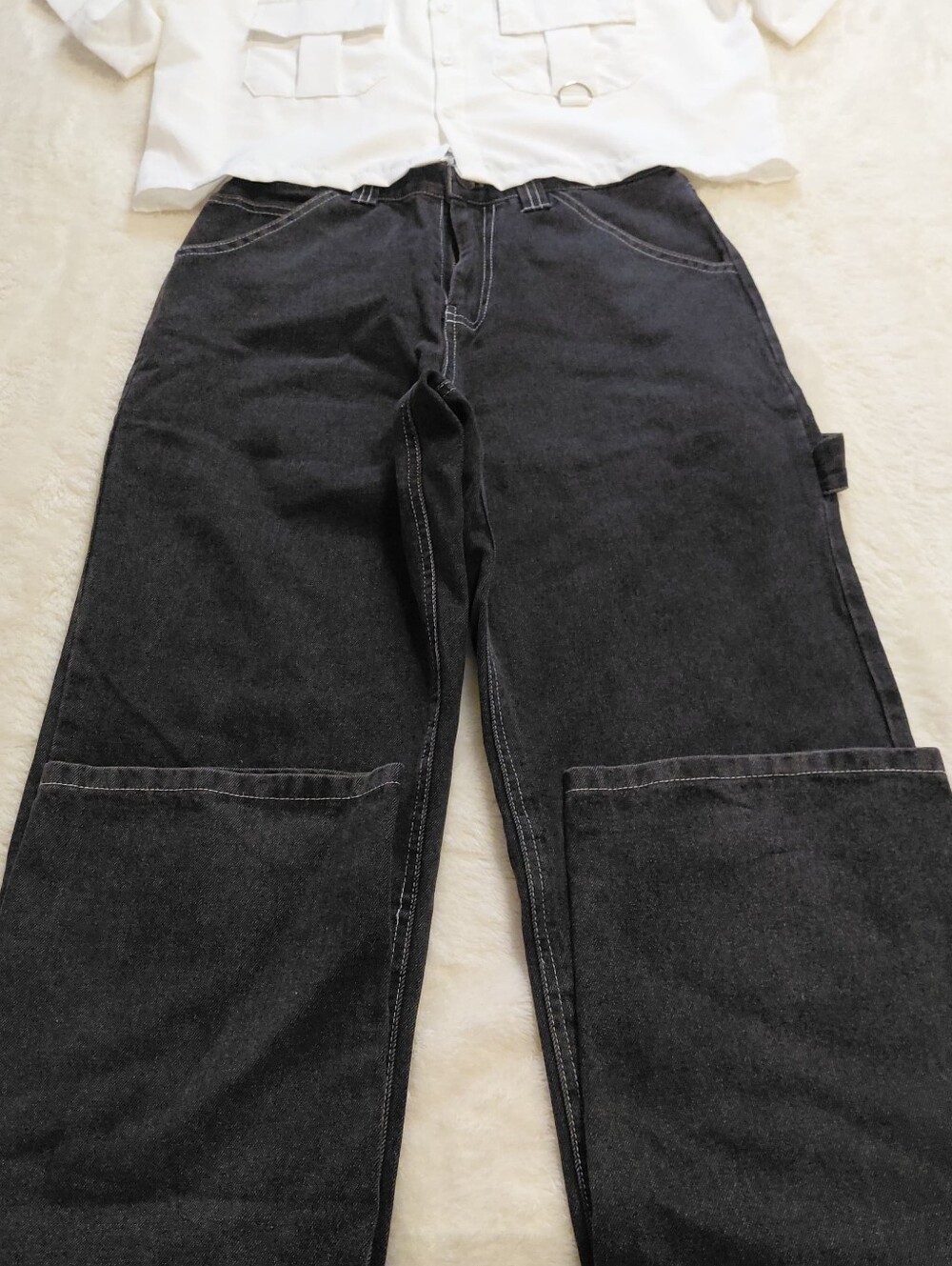 Unbranded 2-Piece White Utility Button-Up Shirt & Black Wide Leg Pants Set Size
